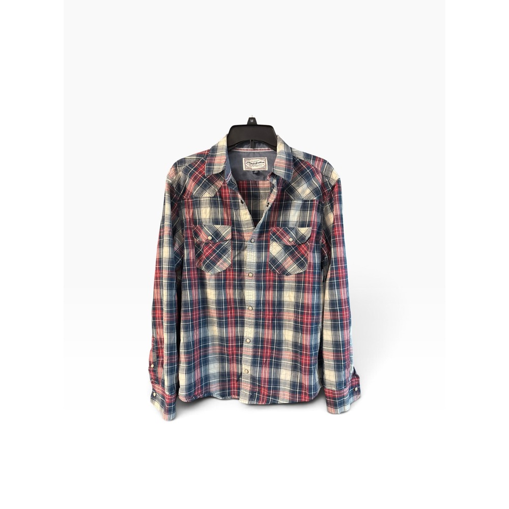 Flag & Anthem Mens Plaid Western Snap Button Shirt Red White Blue Medium